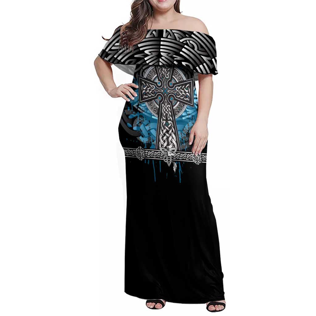 Thor Hammer Viking Family Matching Off Shoulder Maxi Dress and Hawaiian Shirt with Celtic Knots and Blue Splatter Norse Heritage Tribute - Wonder Print Shop