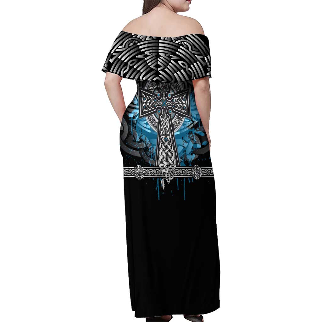 Thor Hammer Viking Family Matching Off Shoulder Maxi Dress and Hawaiian Shirt with Celtic Knots and Blue Splatter Norse Heritage Tribute - Wonder Print Shop