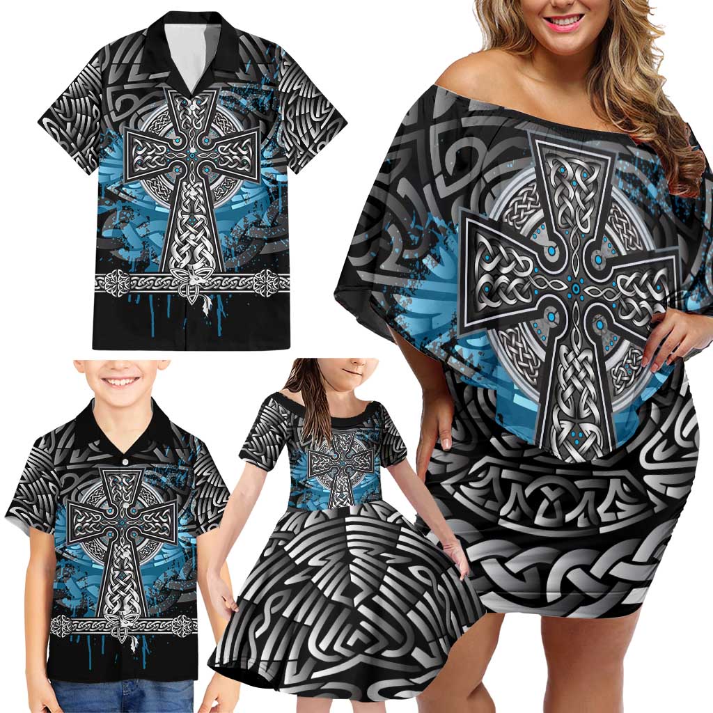 Thor Hammer Viking Family Matching Off Shoulder Short Dress and Hawaiian Shirt with Celtic Knots and Blue Splatter Norse Heritage Tribute - Wonder Print Shop