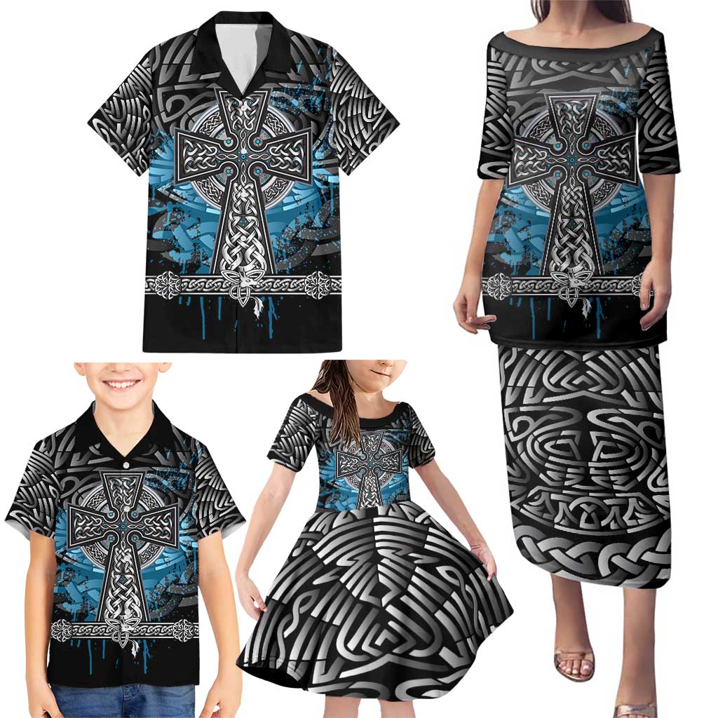 Thor Hammer Viking Family Matching Puletasi and Hawaiian Shirt with Celtic Knots and Blue Splatter Norse Heritage Tribute - Wonder Print Shop