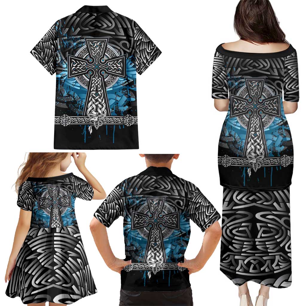 Thor Hammer Viking Family Matching Puletasi and Hawaiian Shirt with Celtic Knots and Blue Splatter Norse Heritage Tribute - Wonder Print Shop