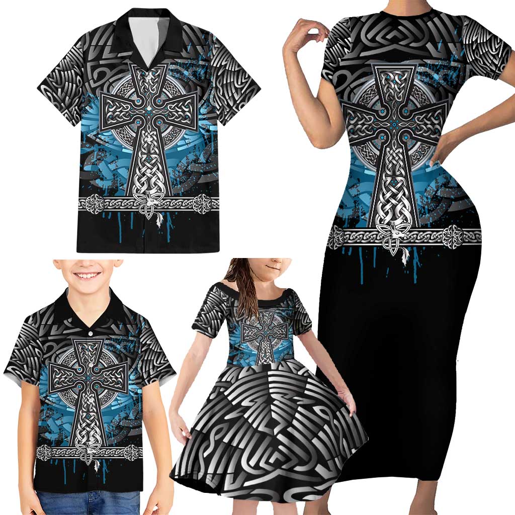 Thor Hammer Viking Family Matching Short Sleeve Bodycon Dress and Hawaiian Shirt with Celtic Knots and Blue Splatter Norse Heritage Tribute - Wonder Print Shop