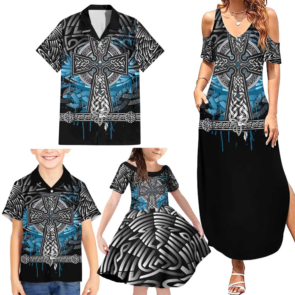 Thor Hammer Viking Family Matching Summer Maxi Dress and Hawaiian Shirt with Celtic Knots and Blue Splatter Norse Heritage Tribute - Wonder Print Shop