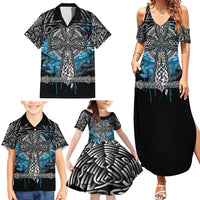 Thor Hammer Viking Family Matching Summer Maxi Dress and Hawaiian Shirt with Celtic Knots and Blue Splatter Norse Heritage Tribute - Wonder Print Shop
