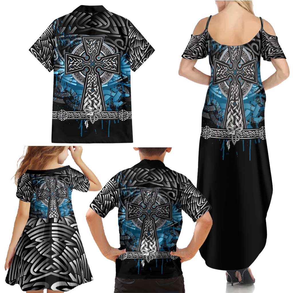 Thor Hammer Viking Family Matching Summer Maxi Dress and Hawaiian Shirt with Celtic Knots and Blue Splatter Norse Heritage Tribute - Wonder Print Shop