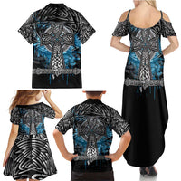 Thor Hammer Viking Family Matching Summer Maxi Dress and Hawaiian Shirt with Celtic Knots and Blue Splatter Norse Heritage Tribute - Wonder Print Shop