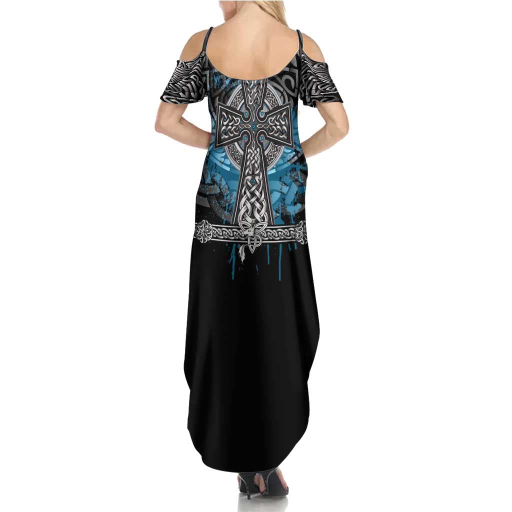Thor Hammer Viking Family Matching Summer Maxi Dress and Hawaiian Shirt with Celtic Knots and Blue Splatter Norse Heritage Tribute - Wonder Print Shop
