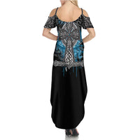 Thor Hammer Viking Family Matching Summer Maxi Dress and Hawaiian Shirt with Celtic Knots and Blue Splatter Norse Heritage Tribute - Wonder Print Shop