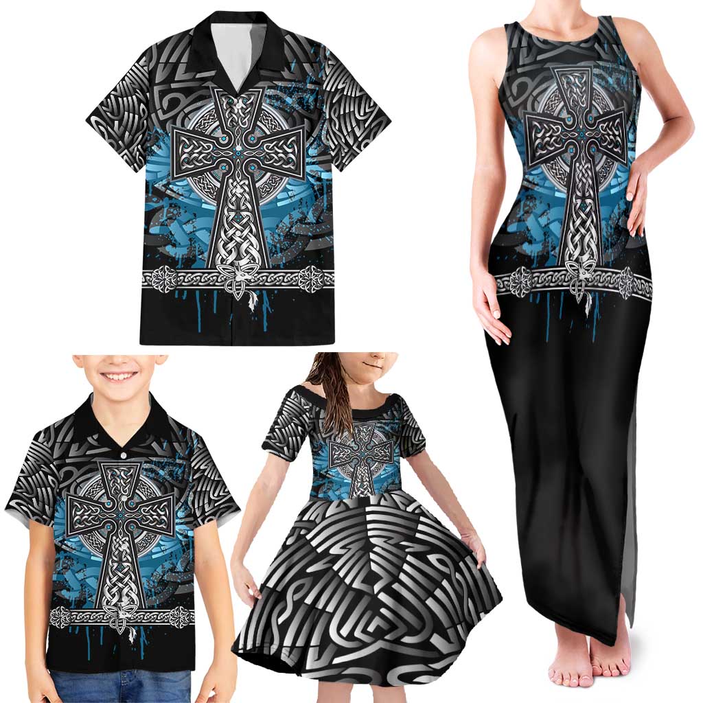 Thor Hammer Viking Family Matching Tank Maxi Dress and Hawaiian Shirt with Celtic Knots and Blue Splatter Norse Heritage Tribute - Wonder Print Shop