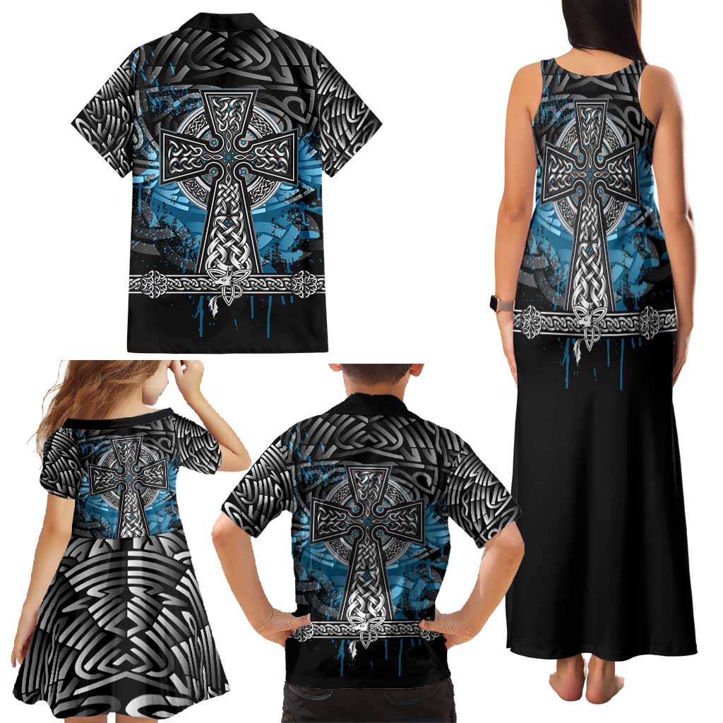 Thor Hammer Viking Family Matching Tank Maxi Dress and Hawaiian Shirt with Celtic Knots and Blue Splatter Norse Heritage Tribute - Wonder Print Shop