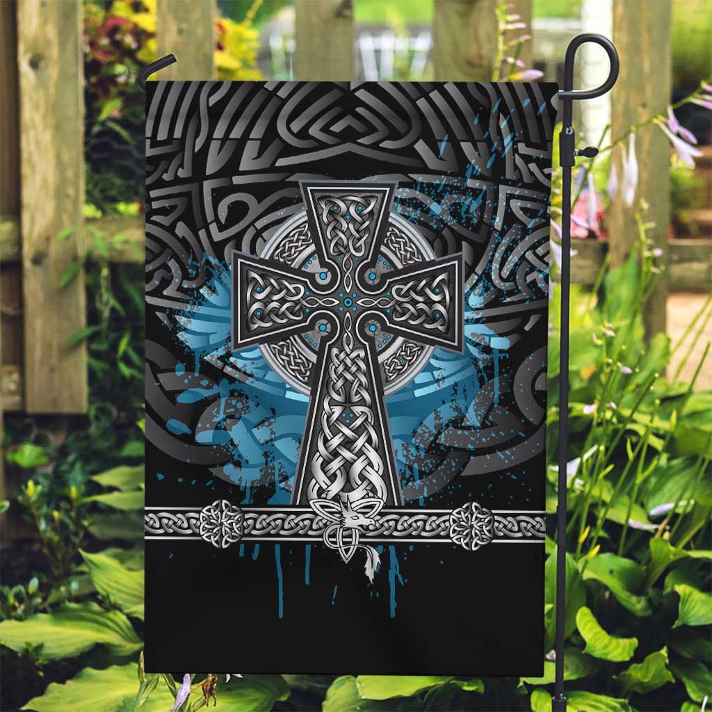Thor Hammer Viking Garden Flag with Celtic Knots and Blue Splatter Norse Heritage Tribute - Wonder Print Shop