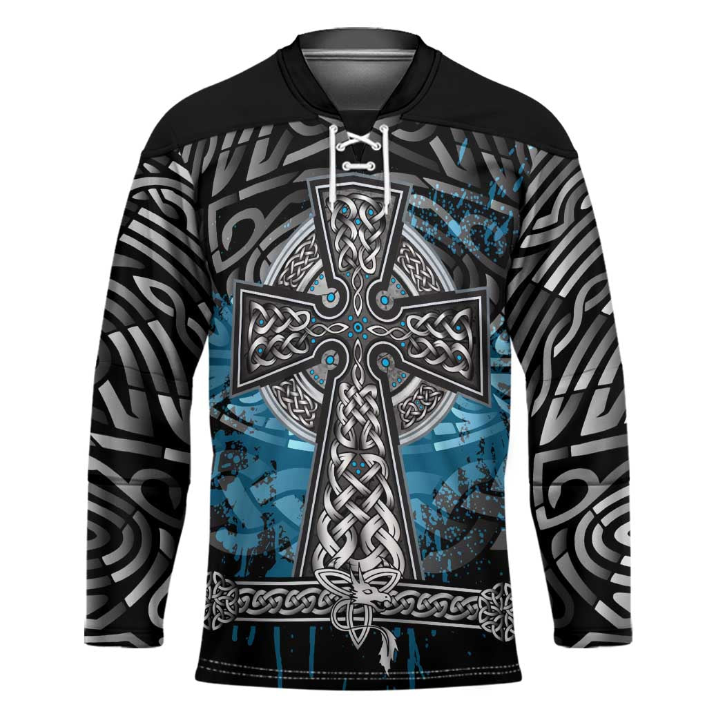Thor Hammer Viking Hockey Jersey with Celtic Knots and Blue Splatter Norse Heritage Tribute - Wonder Print Shop
