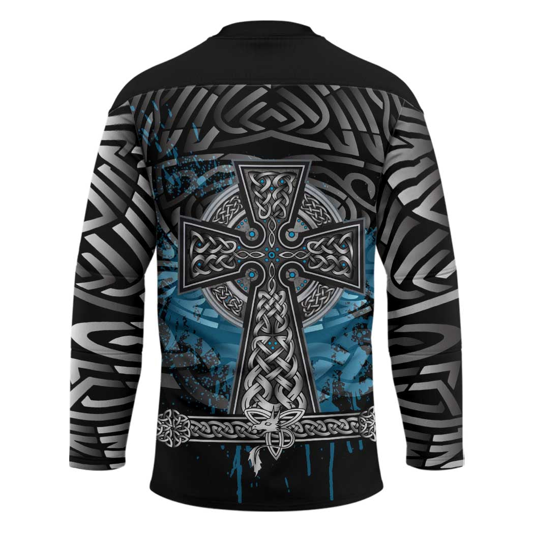 Thor Hammer Viking Hockey Jersey with Celtic Knots and Blue Splatter Norse Heritage Tribute - Wonder Print Shop