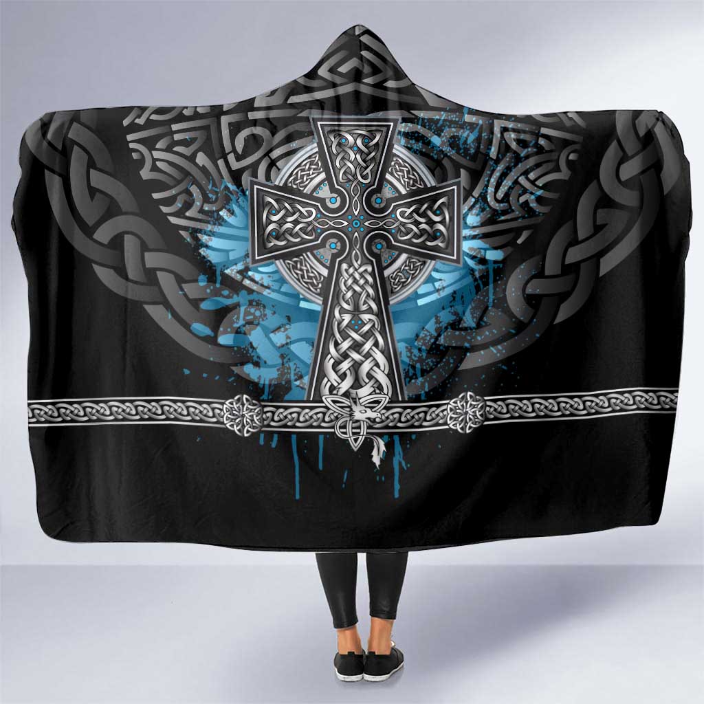 Thor Hammer Viking Hooded Blanket with Celtic Knots and Blue Splatter Norse Heritage Tribute - Wonder Print Shop