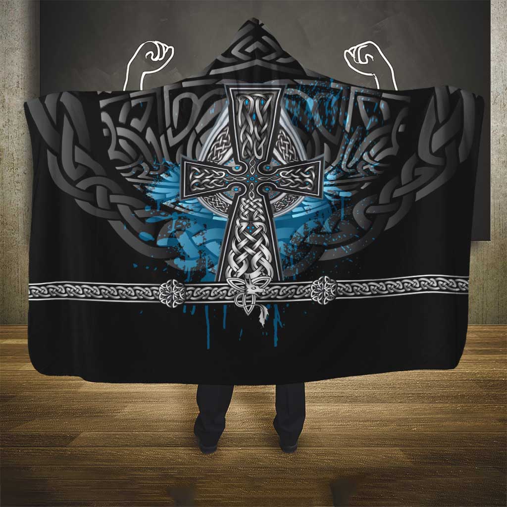 Thor Hammer Viking Hooded Blanket with Celtic Knots and Blue Splatter Norse Heritage Tribute - Wonder Print Shop