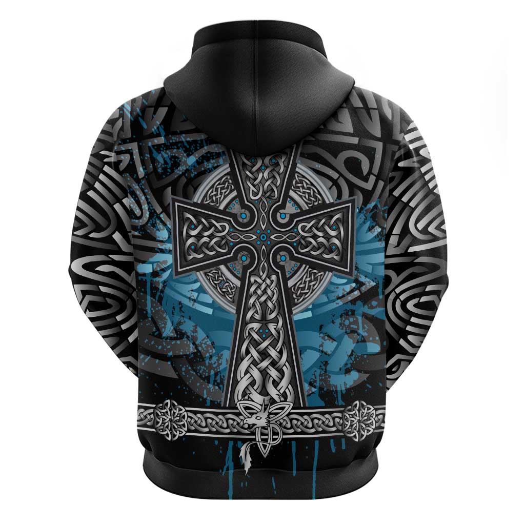 Thor Hammer Viking Hoodie with Celtic Knots and Blue Splatter Norse Heritage Tribute - Wonder Print Shop