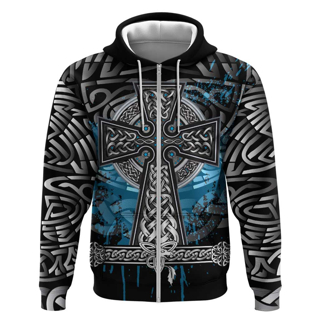 Thor Hammer Viking Hoodie with Celtic Knots and Blue Splatter Norse Heritage Tribute - Wonder Print Shop