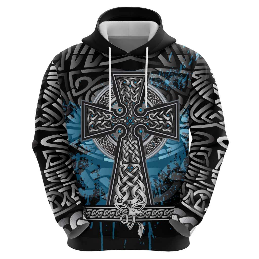 Thor Hammer Viking Hoodie with Celtic Knots and Blue Splatter Norse Heritage Tribute - Wonder Print Shop