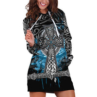 Thor Hammer Viking Hoodie Dress with Celtic Knots and Blue Splatter Norse Heritage Tribute - Wonder Print Shop
