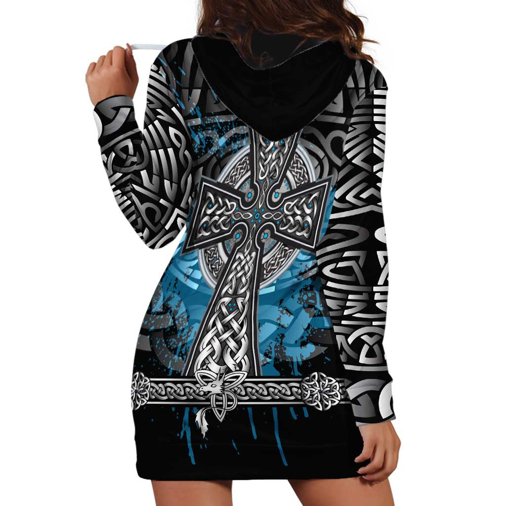 Thor Hammer Viking Hoodie Dress with Celtic Knots and Blue Splatter Norse Heritage Tribute - Wonder Print Shop