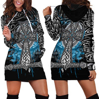 Thor Hammer Viking Hoodie Dress with Celtic Knots and Blue Splatter Norse Heritage Tribute - Wonder Print Shop