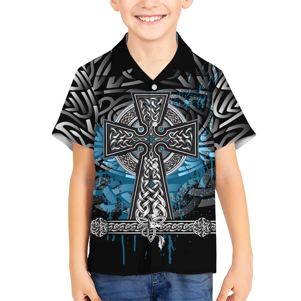 Thor Hammer Viking Kid Hawaiian Shirt with Celtic Knots and Blue Splatter Norse Heritage Tribute - Wonder Print Shop