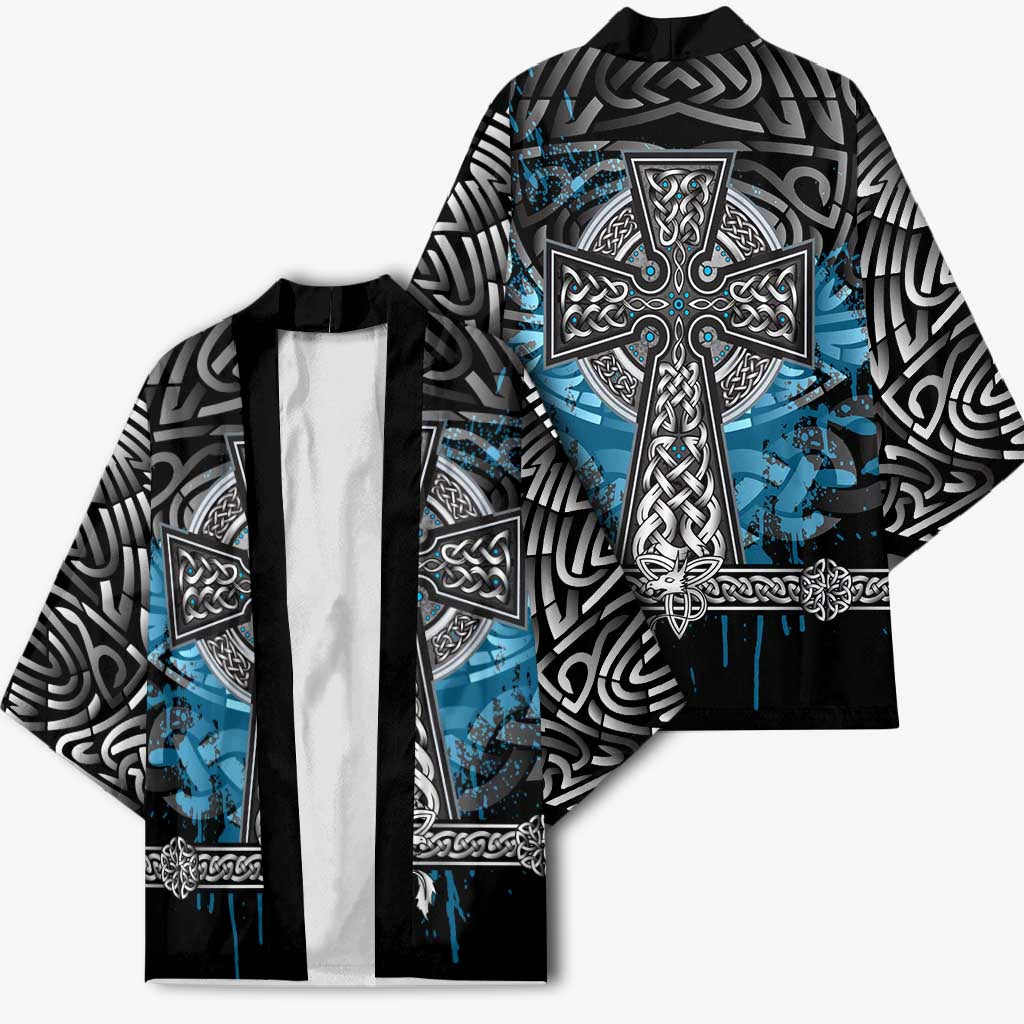 Thor Hammer Viking Kimono with Celtic Knots and Blue Splatter Norse Heritage Tribute - Wonder Print Shop