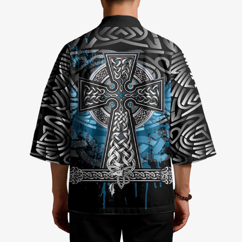 Thor Hammer Viking Kimono with Celtic Knots and Blue Splatter Norse Heritage Tribute - Wonder Print Shop