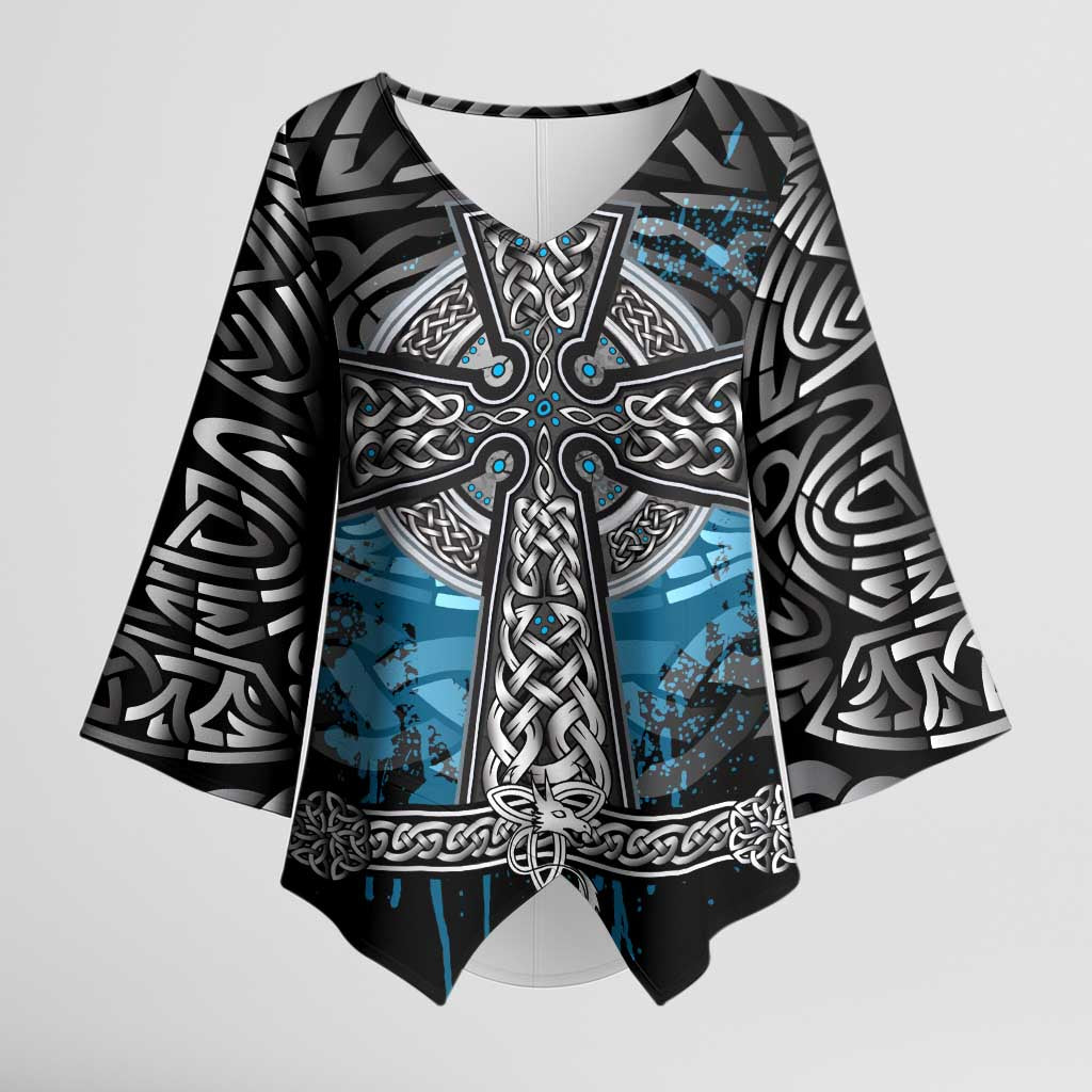 Thor Hammer Viking Kimono Sleeve Blouse with Celtic Knots and Blue Splatter Norse Heritage Tribute - Wonder Print Shop