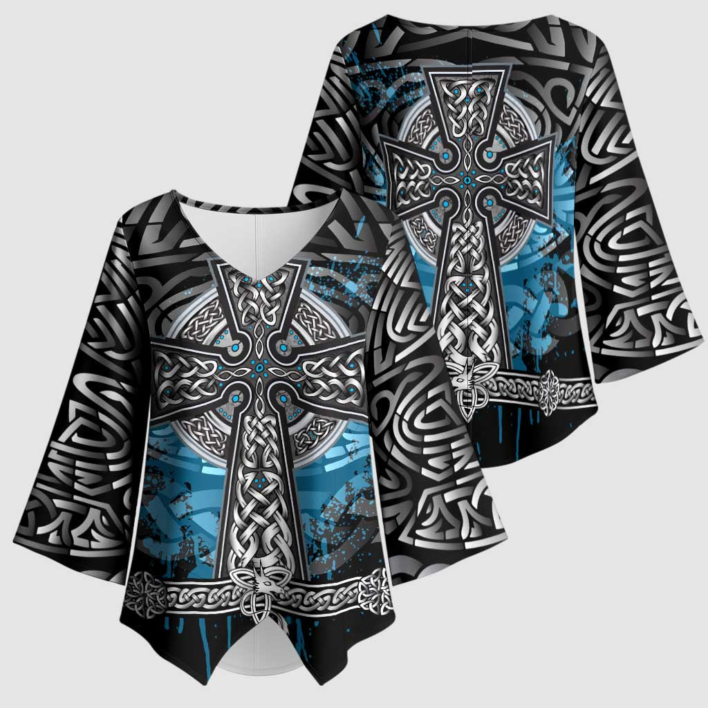 Thor Hammer Viking Kimono Sleeve Blouse with Celtic Knots and Blue Splatter Norse Heritage Tribute - Wonder Print Shop