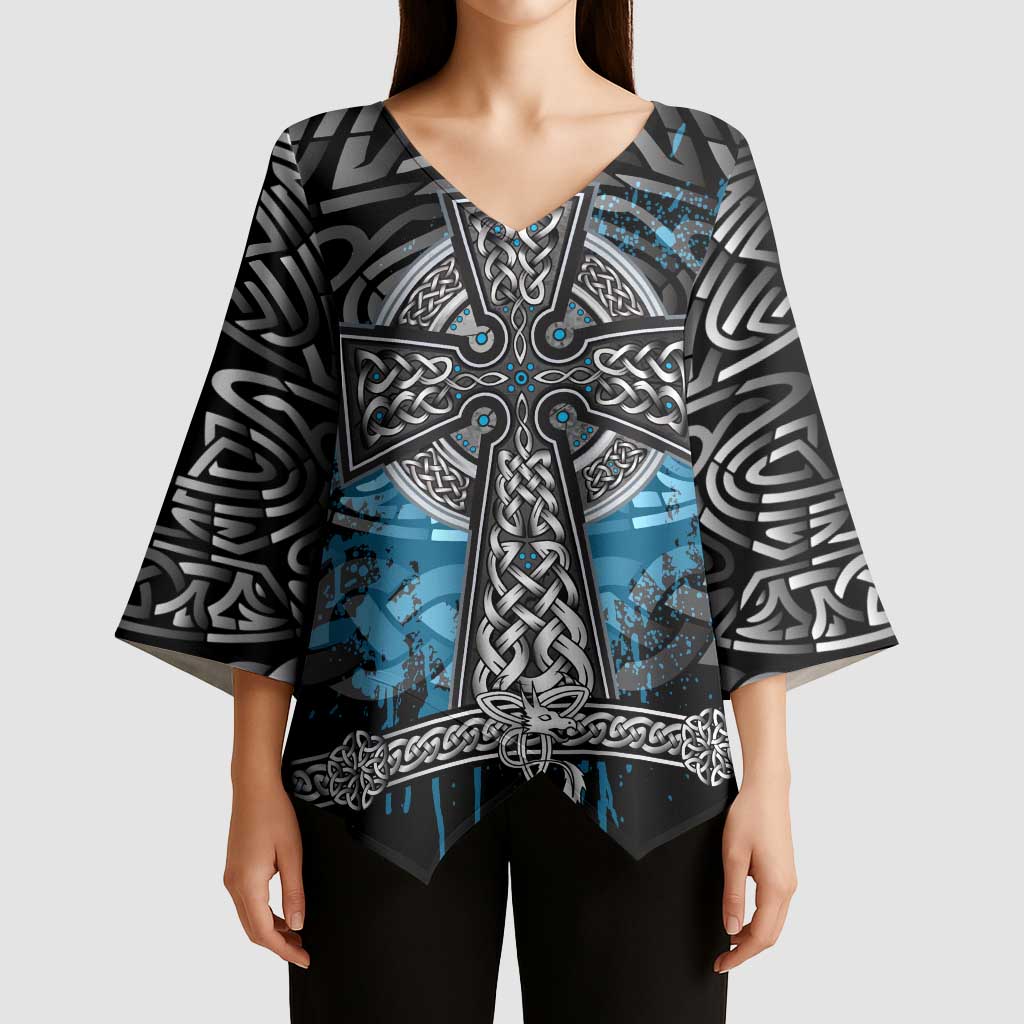 Thor Hammer Viking Kimono Sleeve Blouse with Celtic Knots and Blue Splatter Norse Heritage Tribute - Wonder Print Shop