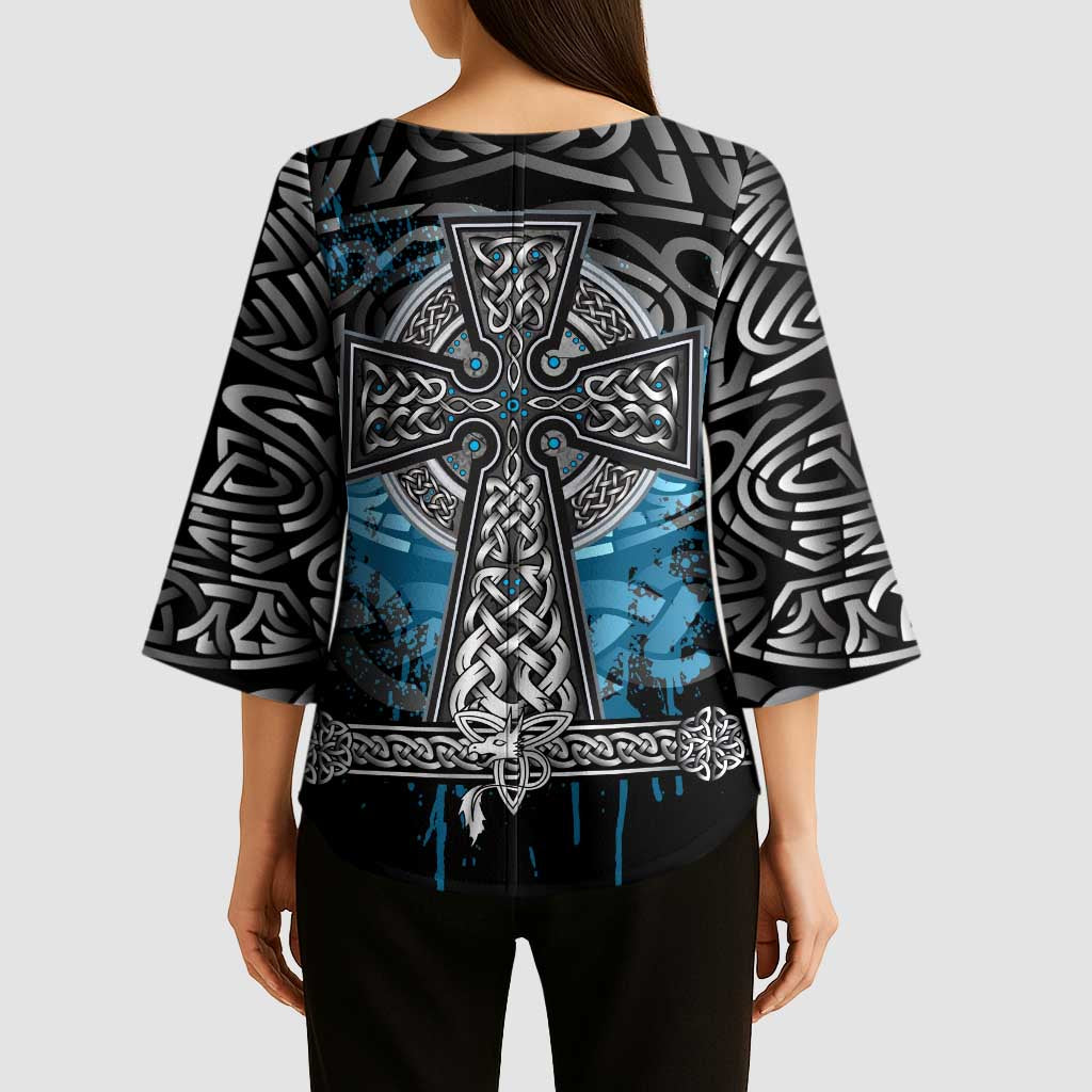 Thor Hammer Viking Kimono Sleeve Blouse with Celtic Knots and Blue Splatter Norse Heritage Tribute - Wonder Print Shop