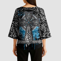 Thor Hammer Viking Kimono Sleeve Blouse with Celtic Knots and Blue Splatter Norse Heritage Tribute - Wonder Print Shop
