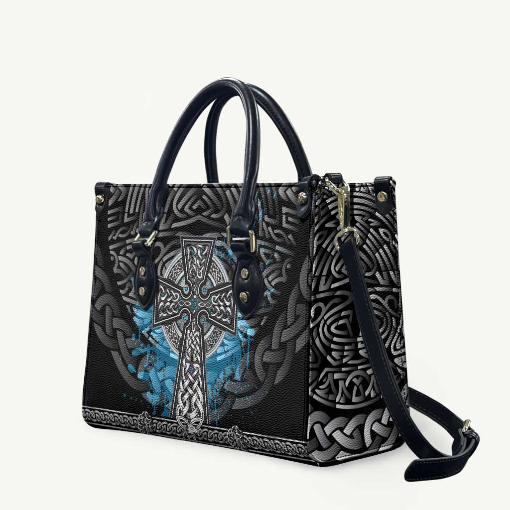 Thor Hammer Viking Leather Bag with Celtic Knots and Blue Splatter Norse Heritage Tribute - Wonder Print Shop