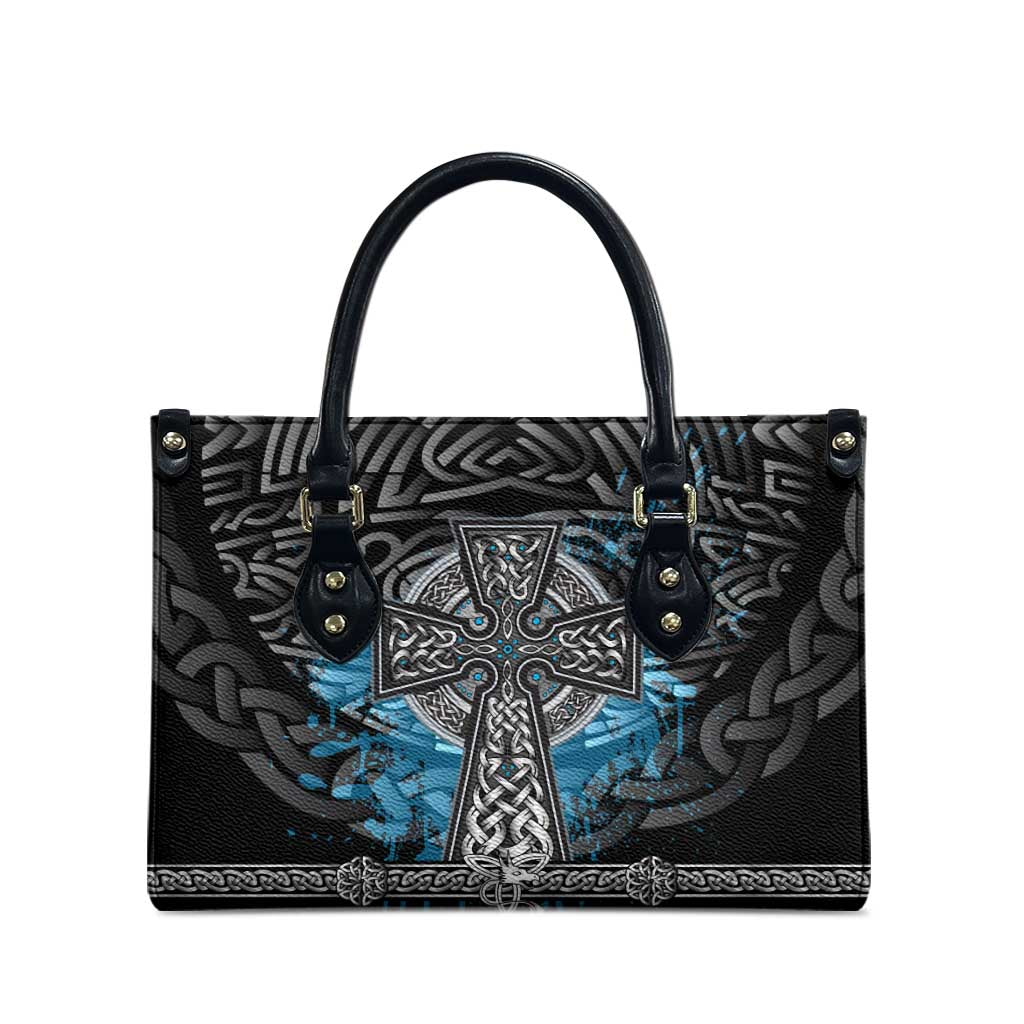 Thor Hammer Viking Leather Bag with Celtic Knots and Blue Splatter Norse Heritage Tribute - Wonder Print Shop