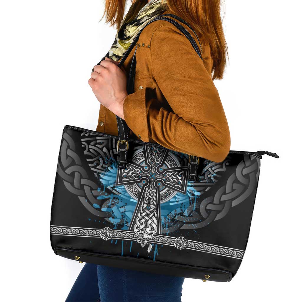 Thor Hammer Viking Leather Tote Bag with Celtic Knots and Blue Splatter Norse Heritage Tribute - Wonder Print Shop