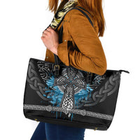 Thor Hammer Viking Leather Tote Bag with Celtic Knots and Blue Splatter Norse Heritage Tribute - Wonder Print Shop