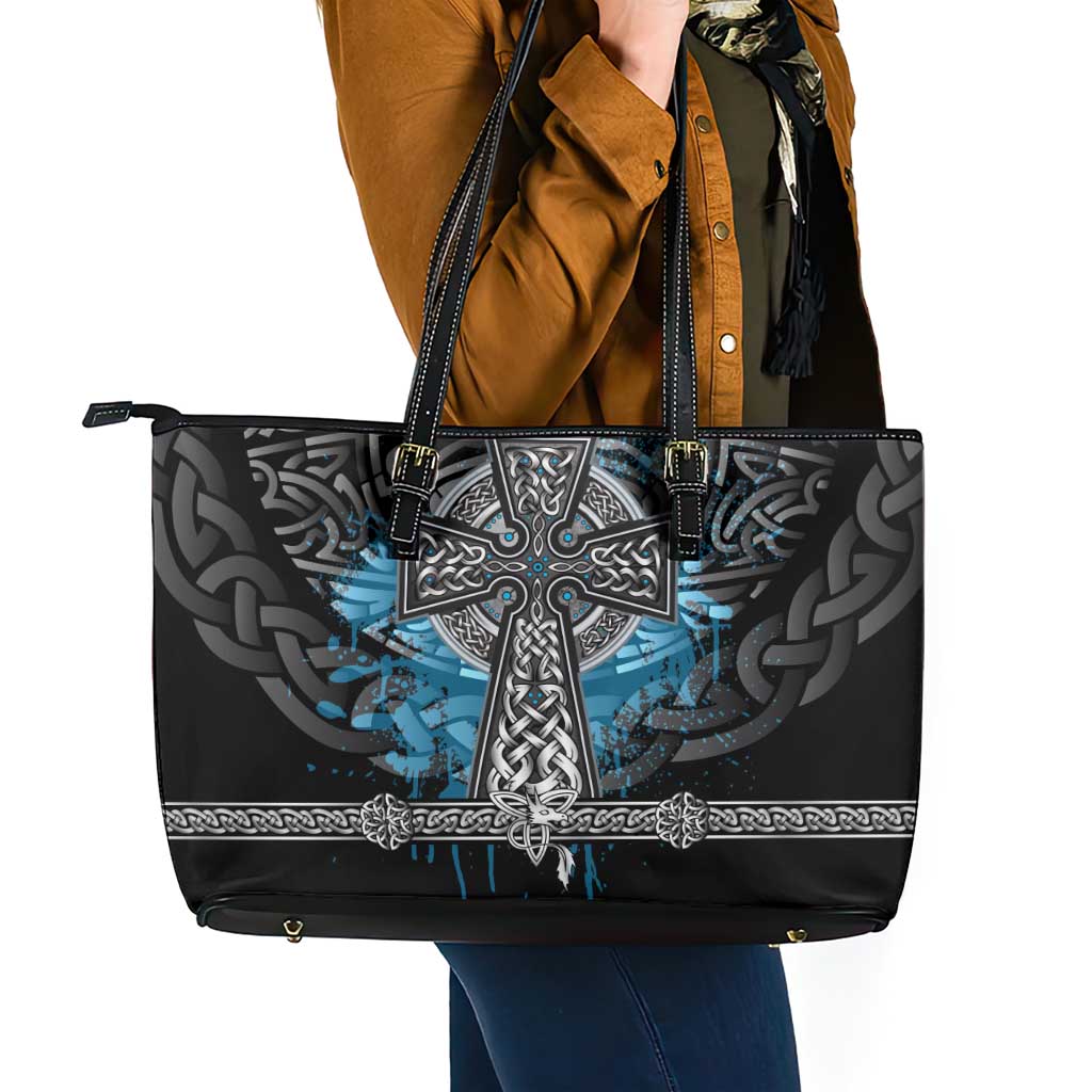 Thor Hammer Viking Leather Tote Bag with Celtic Knots and Blue Splatter Norse Heritage Tribute - Wonder Print Shop