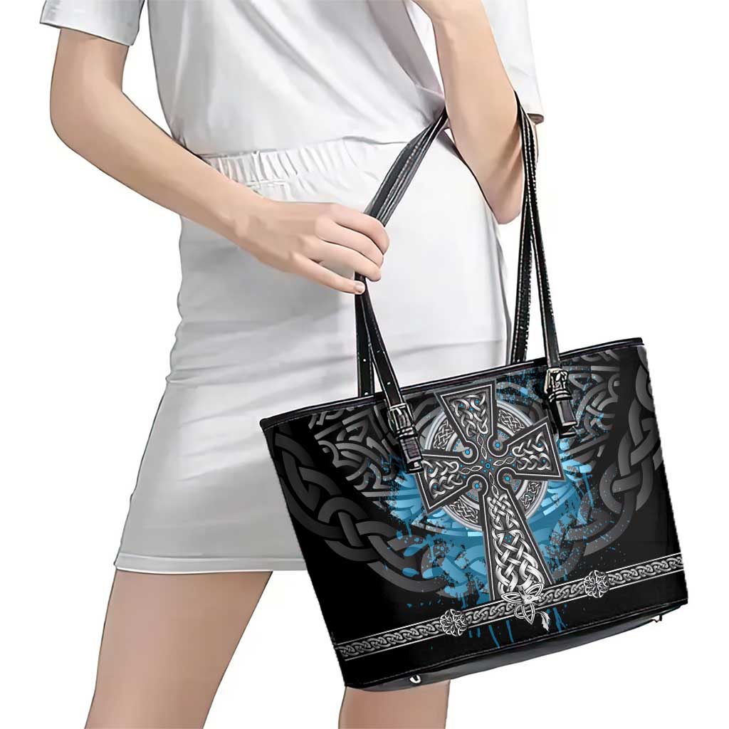 Thor Hammer Viking Leather Tote Bag with Celtic Knots and Blue Splatter Norse Heritage Tribute - Wonder Print Shop