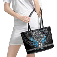 Thor Hammer Viking Leather Tote Bag with Celtic Knots and Blue Splatter Norse Heritage Tribute - Wonder Print Shop
