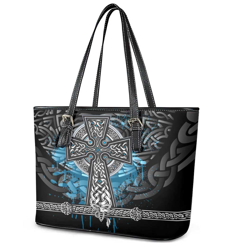 Thor Hammer Viking Leather Tote Bag with Celtic Knots and Blue Splatter Norse Heritage Tribute - Wonder Print Shop
