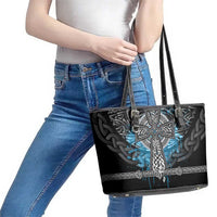 Thor Hammer Viking Leather Tote Bag with Celtic Knots and Blue Splatter Norse Heritage Tribute - Wonder Print Shop