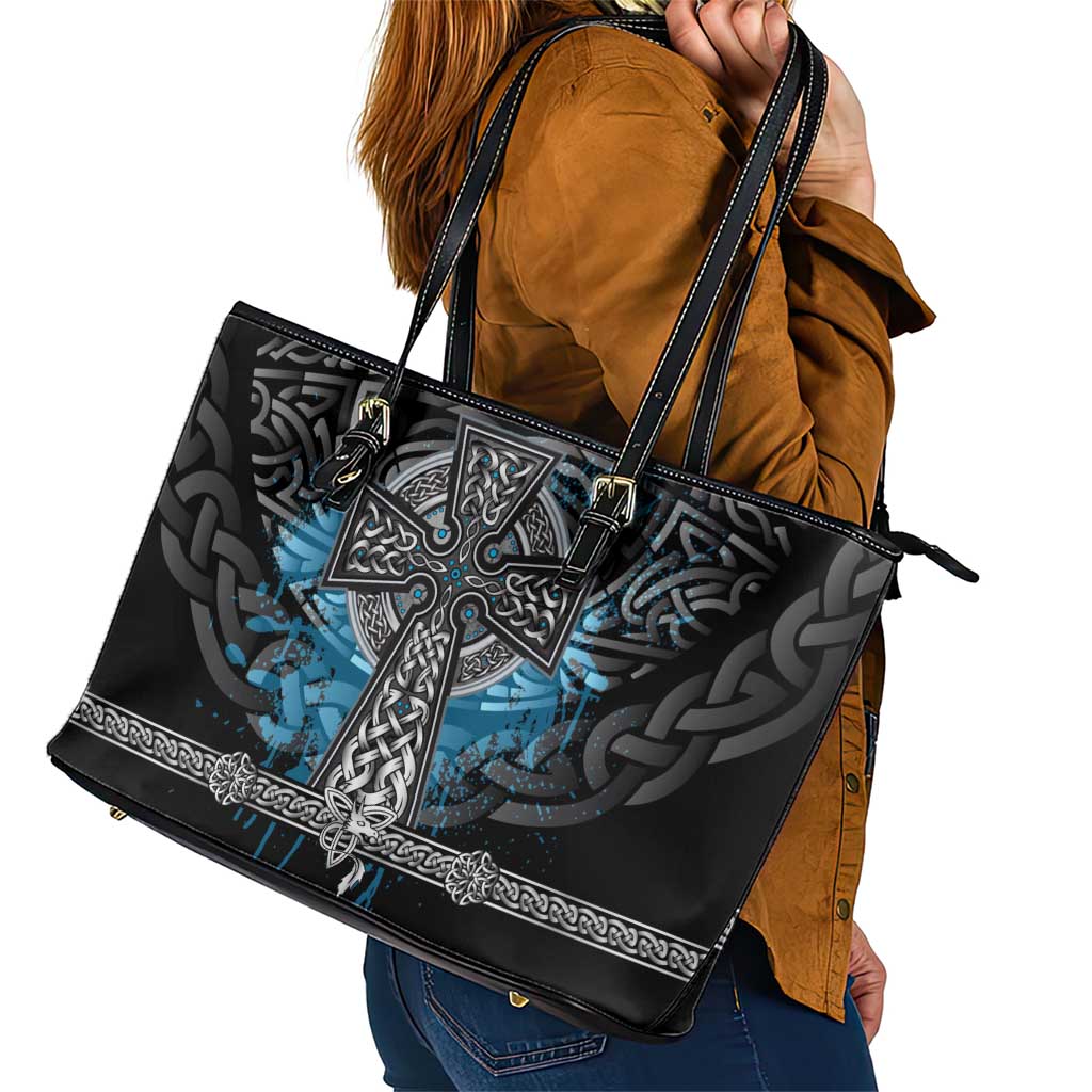 Thor Hammer Viking Leather Tote Bag with Celtic Knots and Blue Splatter Norse Heritage Tribute - Wonder Print Shop