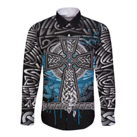 Thor Hammer Viking Long Sleeve Button Shirt with Celtic Knots and Blue Splatter Norse Heritage Tribute - Wonder Print Shop