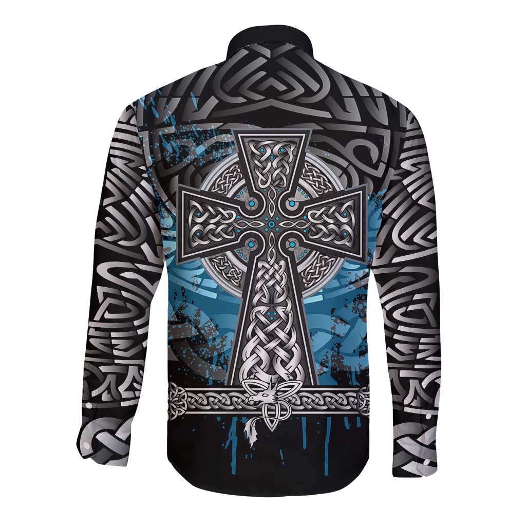 Thor Hammer Viking Long Sleeve Button Shirt with Celtic Knots and Blue Splatter Norse Heritage Tribute - Wonder Print Shop