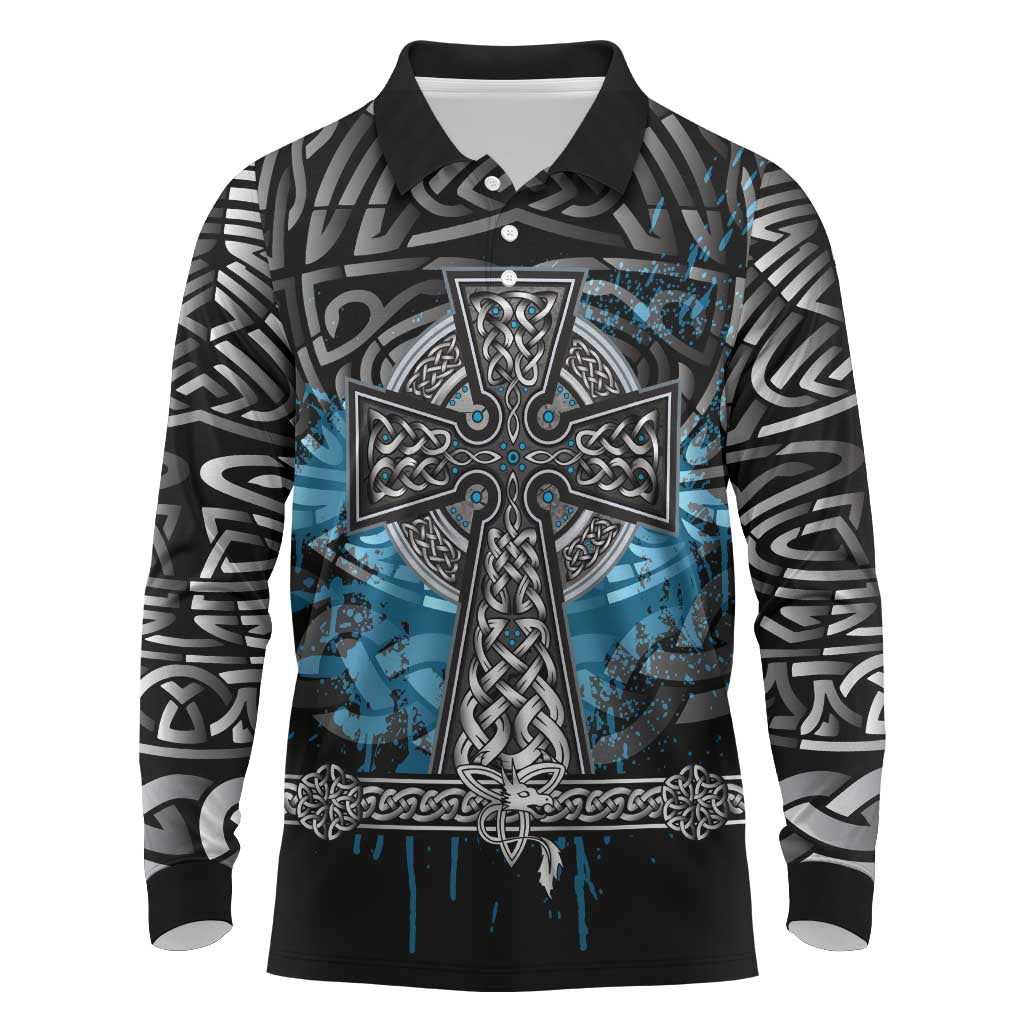Thor Hammer Viking Long Sleeve Polo Shirt with Celtic Knots and Blue Splatter Norse Heritage Tribute - Wonder Print Shop