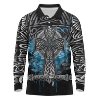Thor Hammer Viking Long Sleeve Polo Shirt with Celtic Knots and Blue Splatter Norse Heritage Tribute - Wonder Print Shop