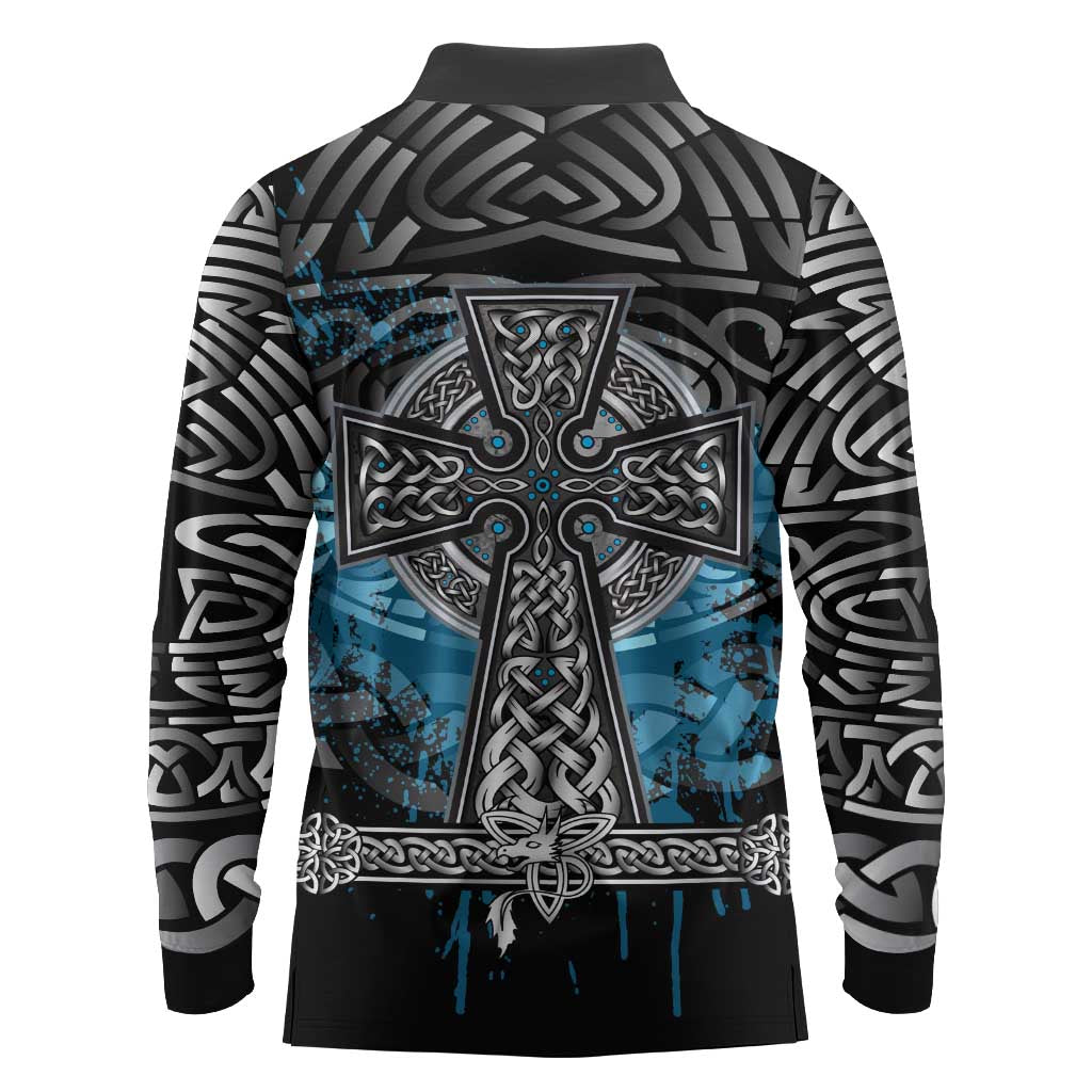 Thor Hammer Viking Long Sleeve Polo Shirt with Celtic Knots and Blue Splatter Norse Heritage Tribute - Wonder Print Shop
