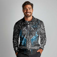 Thor Hammer Viking Long Sleeve Polo Shirt with Celtic Knots and Blue Splatter Norse Heritage Tribute - Wonder Print Shop