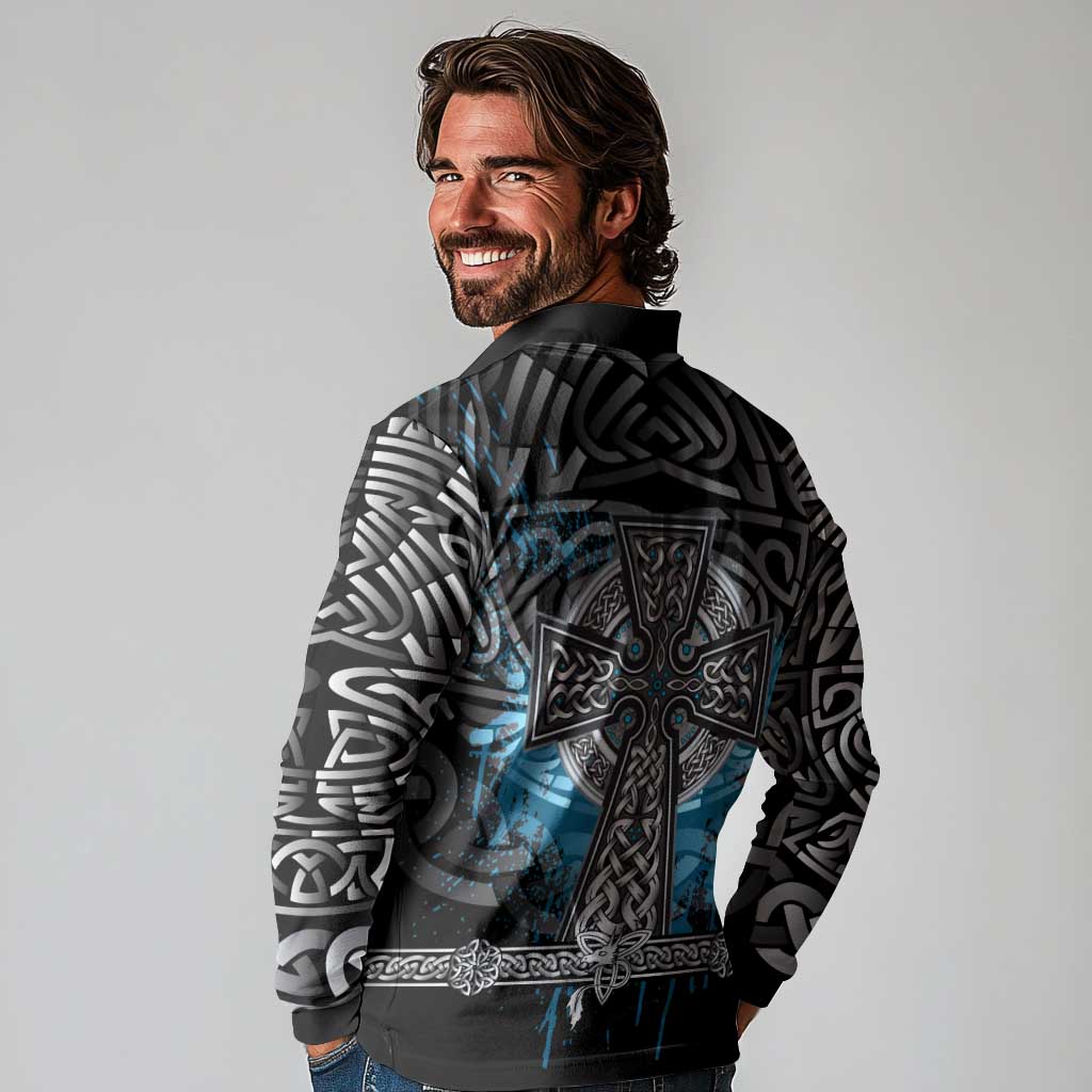 Thor Hammer Viking Long Sleeve Polo Shirt with Celtic Knots and Blue Splatter Norse Heritage Tribute - Wonder Print Shop